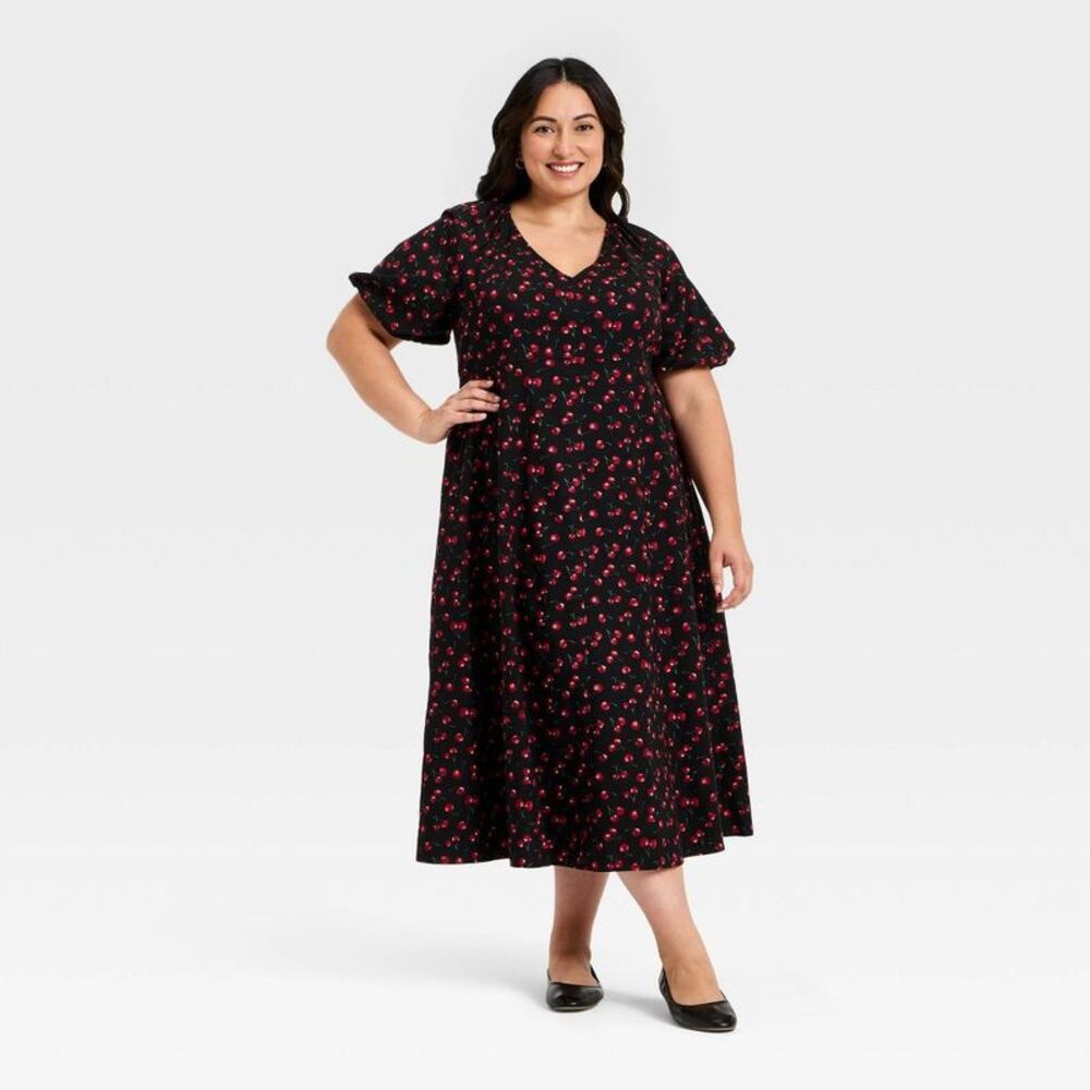 Ava & Viv Black Floral Midi Dress with Pink Accents